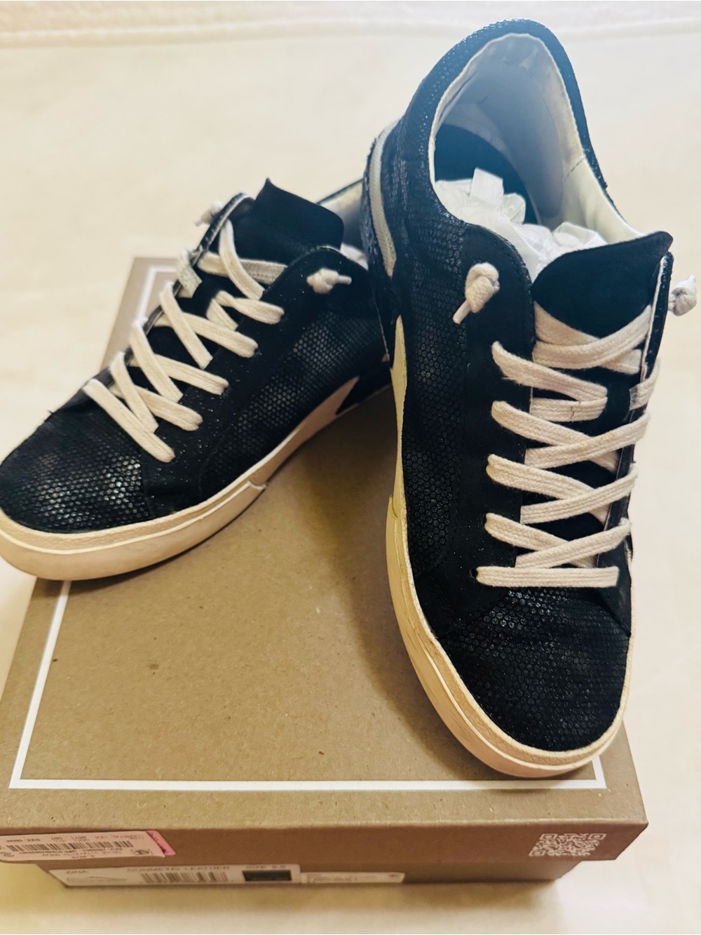 Dolce Vita Gun Metal Leather Sneakers with Cream Laces and Sole Accent